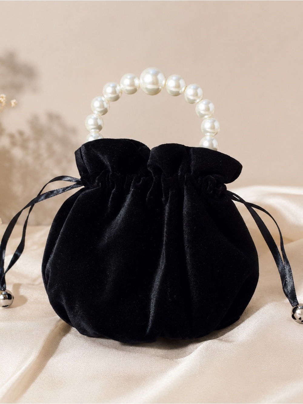 Black Velvet Pearl Handle Mini Bag Satin Drawstring Evening Purse